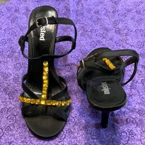 Unlisted Black Satin with Gold jewels Sandal Heels